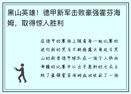 黑山英雄！德甲新军击败豪强霍芬海姆，取得惊人胜利
